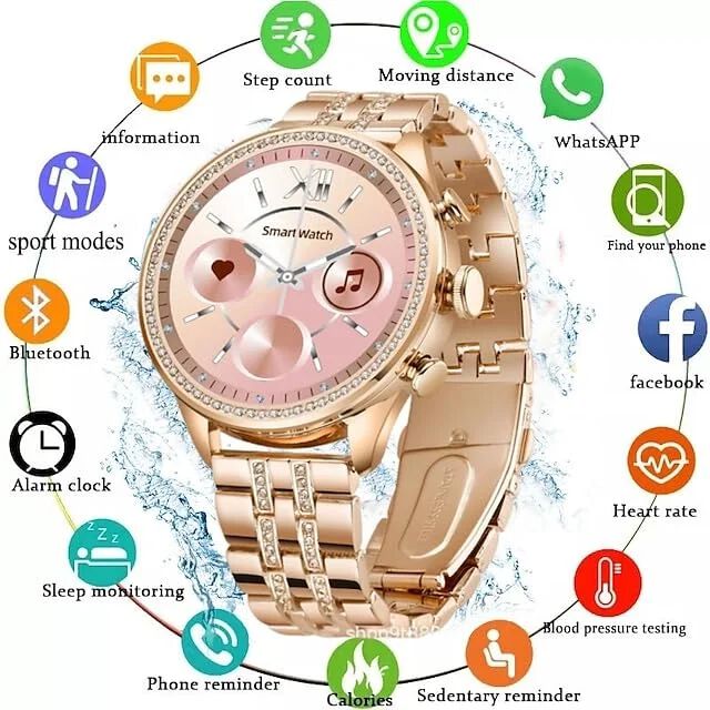 Golden Round Diamond Smartwatch for Women Ultra Luxury Rose Gold Bracelet Smart Watch Bluetooth Call, Wireless Charge, Fashionable Fitness Tracker-Golden Version