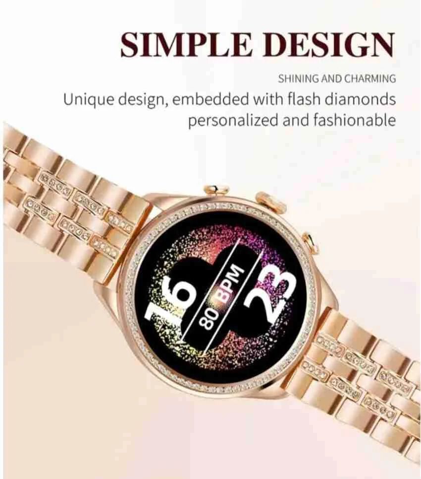 Golden Round Diamond Smartwatch for Women Ultra Luxury Rose Gold Bracelet Smart Watch Bluetooth Call, Wireless Charge, Fashionable Fitness Tracker-Golden Version