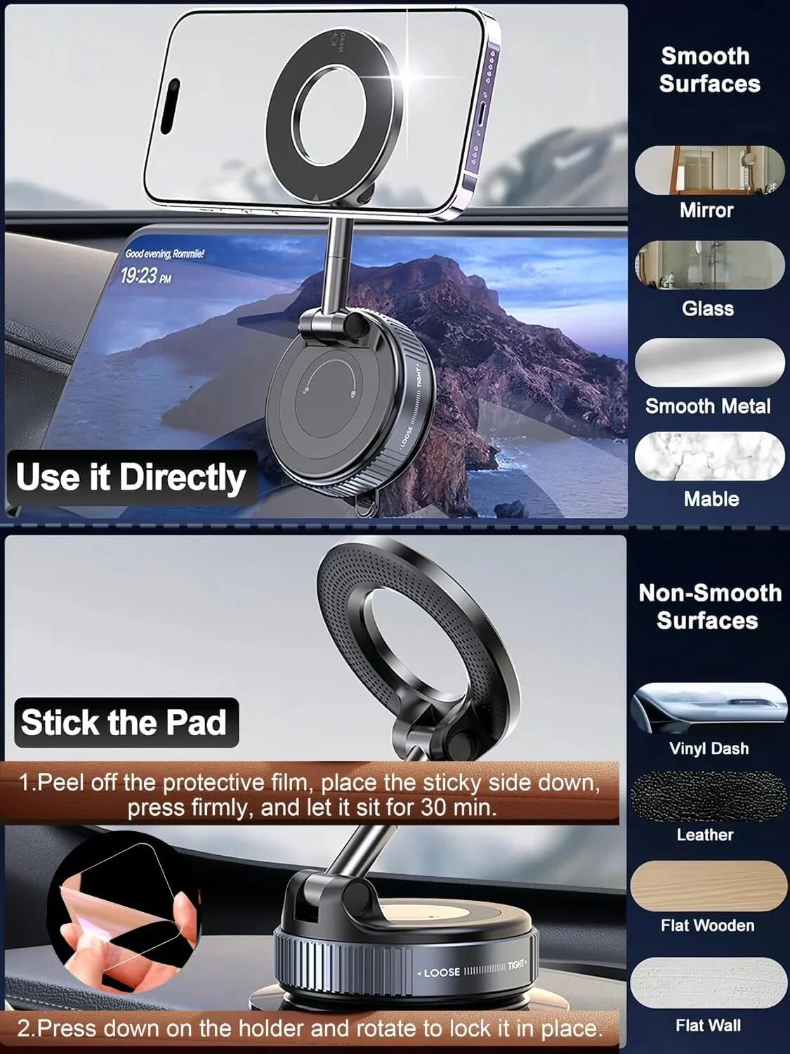 360° Vaccum Magnetic Phones Holder, Magnetic Car Phone Mount, Hands-Free Suction Cup Phones Holder for Car