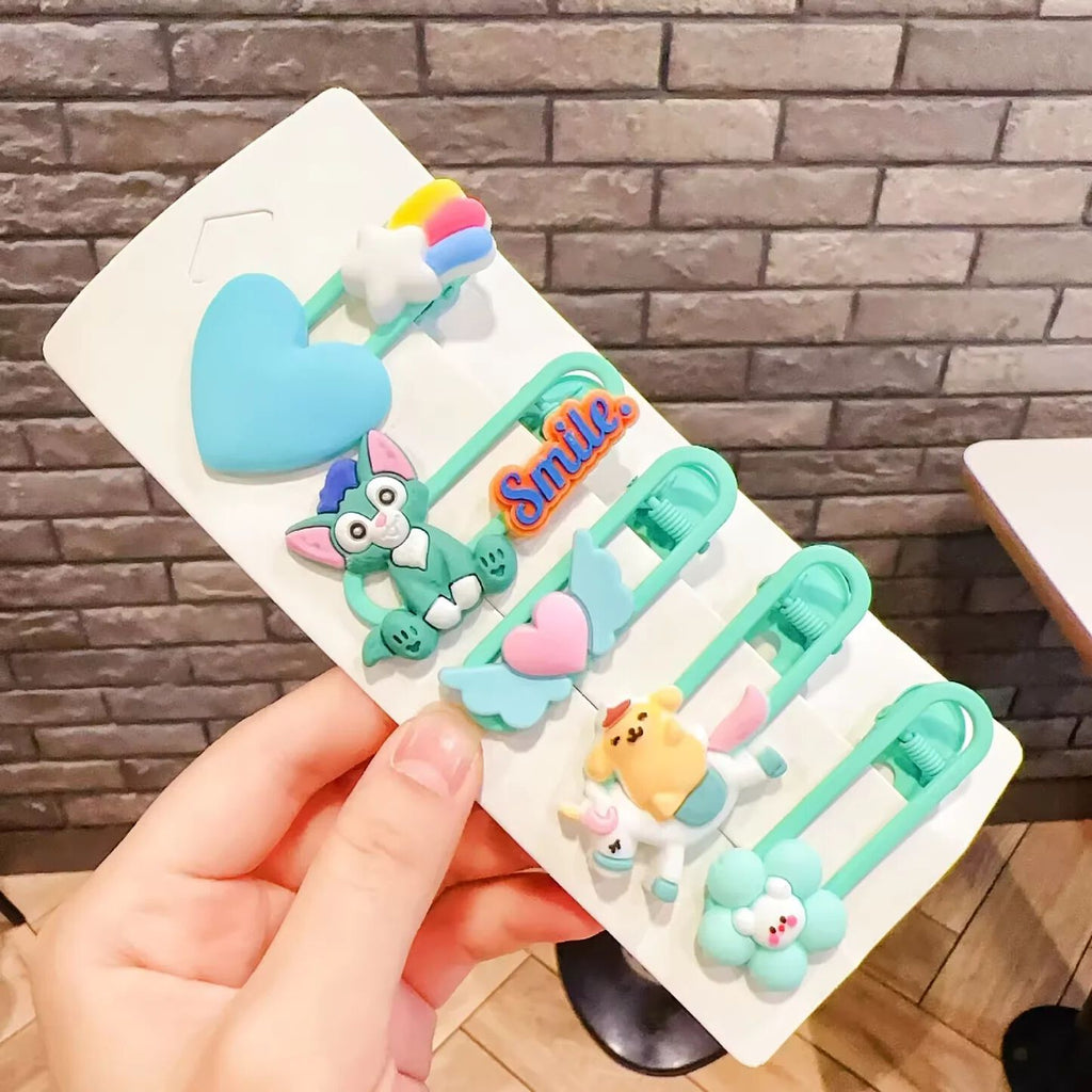 Girls Hair Clips Set, Set of 6  Random Theme, Cute Cartoon Characters, Flower and Bunny Designs