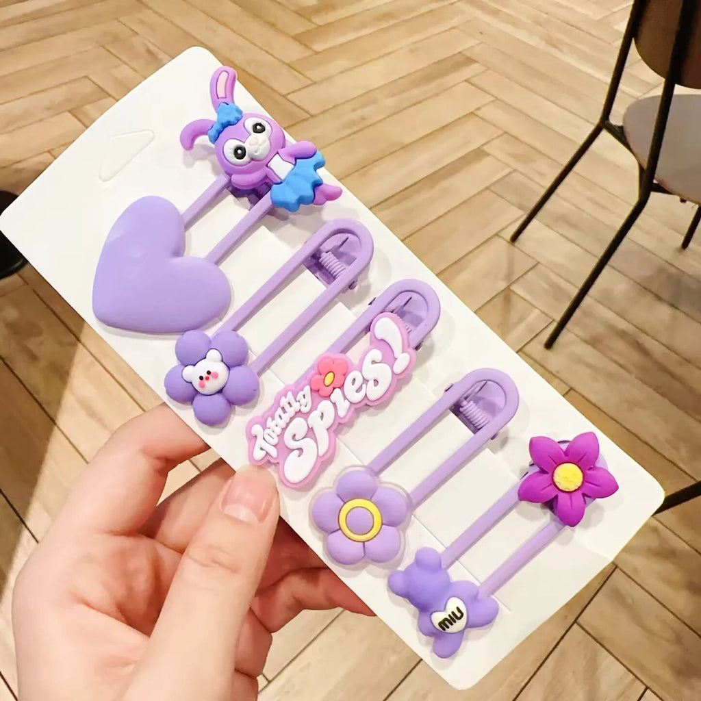 Girls Hair Clips Set, Set of 6  Random Theme, Cute Cartoon Characters, Flower and Bunny Designs