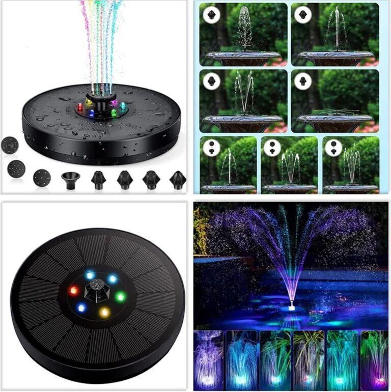 LED Solar Bird Bath Fountains, 6 Nozzles, 6 Fountain Styles, Suitable for Garden