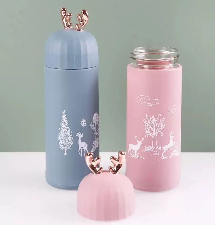 Deer Shape Glass Water Bottle Double-Layer Insulation Cup for Kids & Adults Thermos Flask Hot & Cold Water Bottle (380 ML)