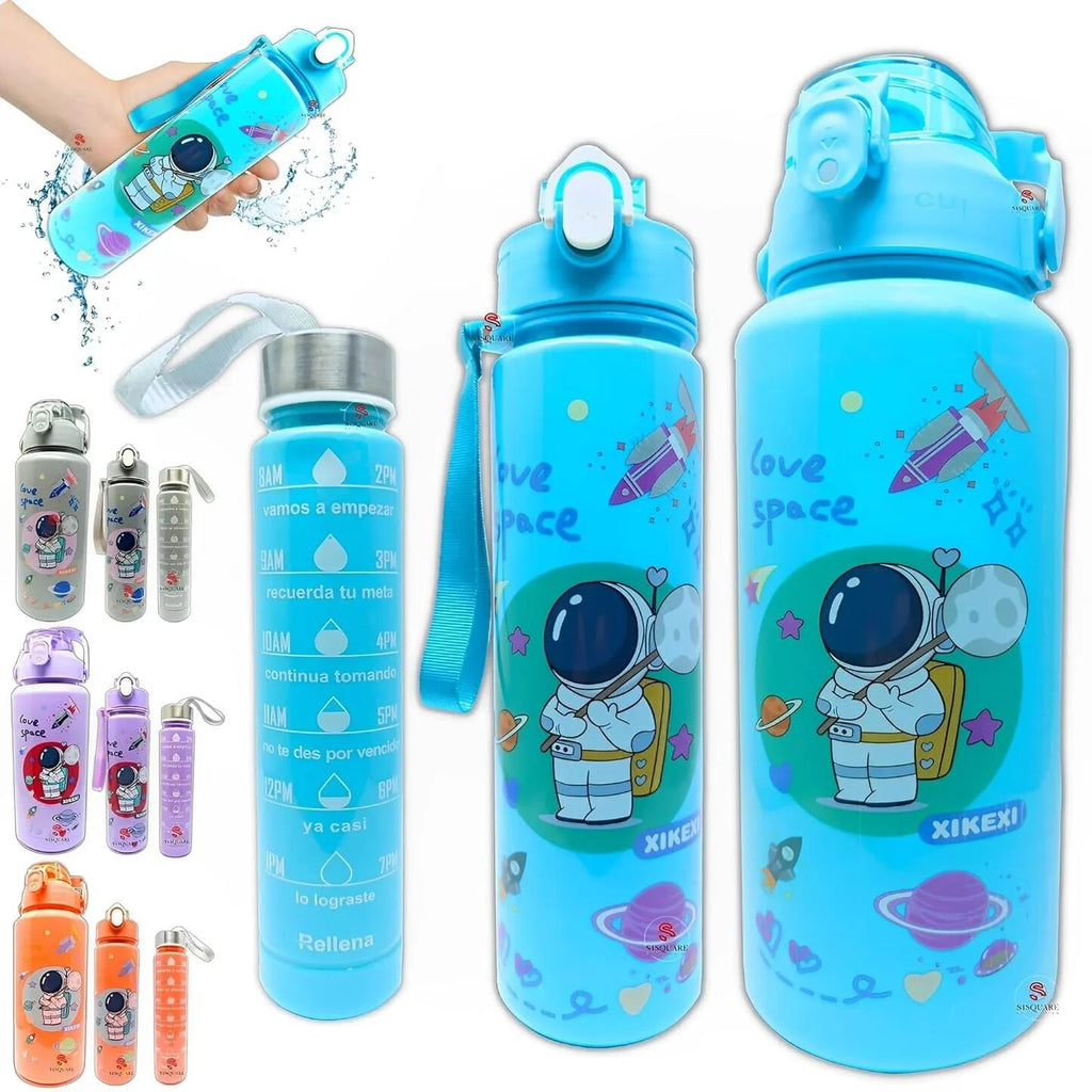 Set of 3 Space-Themed Water Bottle with Motivational Time Marker | 2000ml, 800ml, 300ml