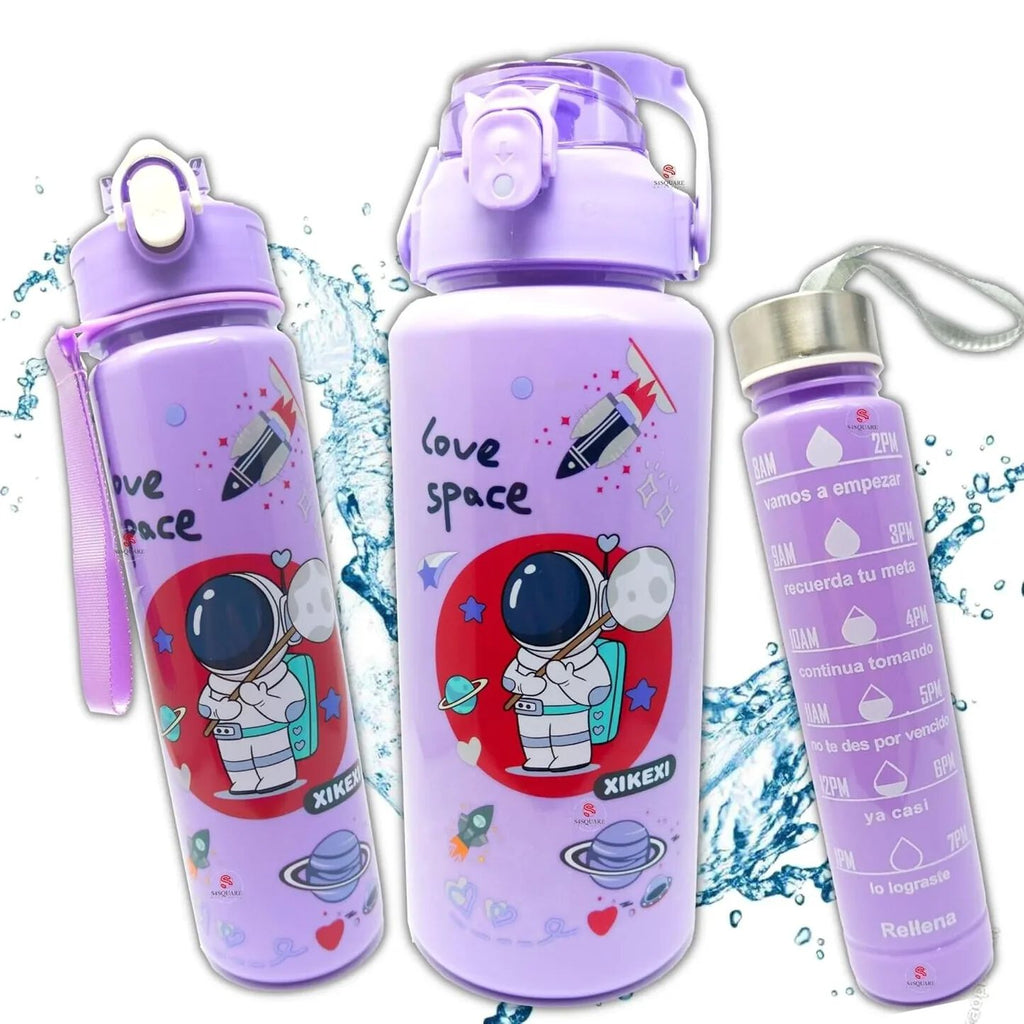 Set of 3 Space-Themed Water Bottle with Motivational Time Marker | 2000ml, 800ml, 300ml