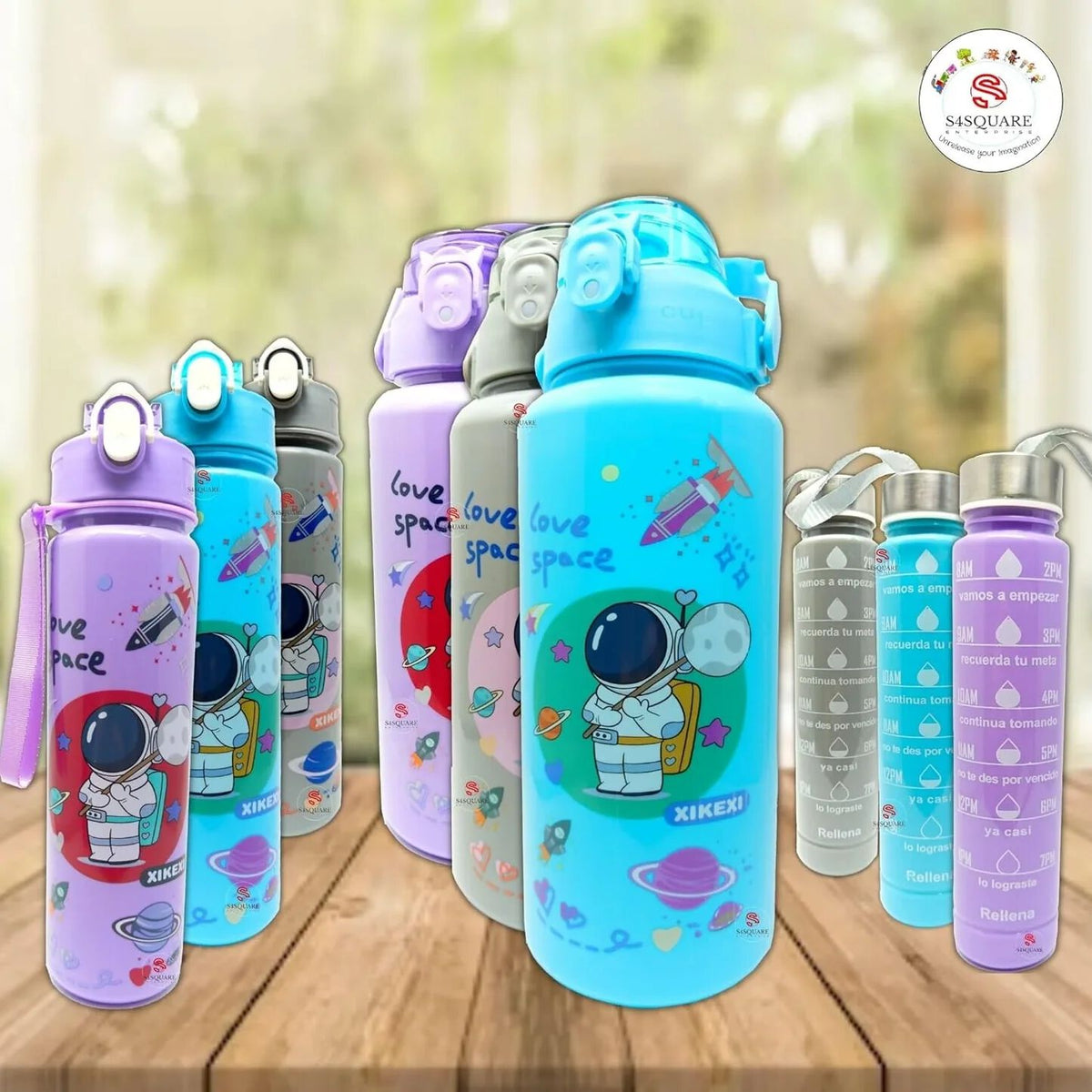 Set of 3 Space-Themed Water Bottle with Motivational Time Marker | 2000ml, 800ml, 300ml