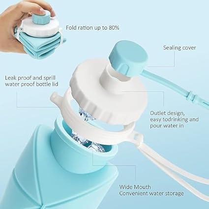 Silicone Water Bottle for kids, Leak-proof Bottle Cap with Safety Rope BPA Free Foldable Water Bottle