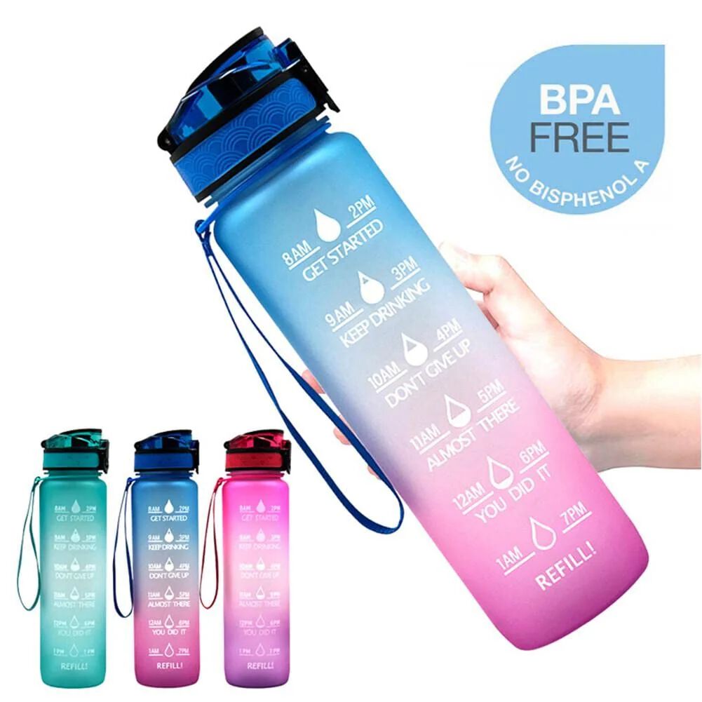 Motivational Water Bottles with Times to Drink & Straw, Leakproof BPA Free Water Bottle