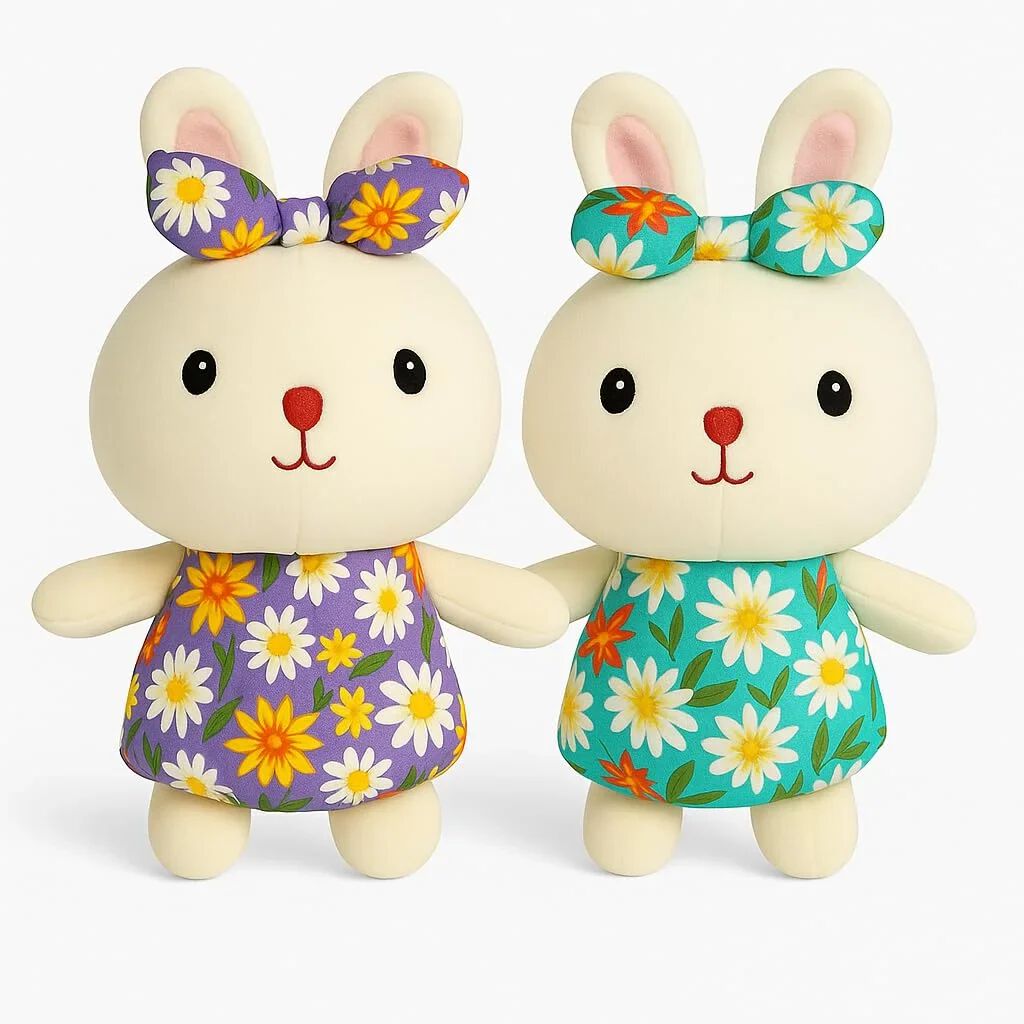 Plush Bunny Stuffed Animal Toy with Floral Dress & Bow – Soft Cuddly Rabbit Doll for Kids {Size 26*13 Cm}