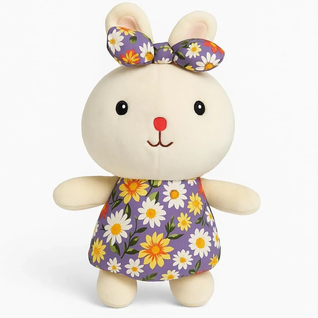 Plush Bunny Stuffed Animal Toy with Floral Dress & Bow – Soft Cuddly Rabbit Doll for Kids {Size 26*13 Cm}