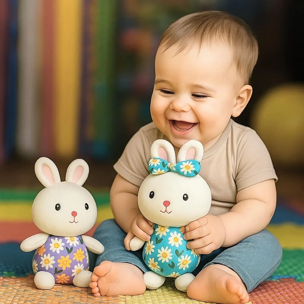 Plush Bunny Stuffed Animal Toy with Floral Dress & Bow – Soft Cuddly Rabbit Doll for Kids {Size 26*13 Cm}