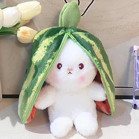 Reversible Rabbit Soft Plush Toy for Baby Girls – Green Watermelon Bunny Teddy with Zipper