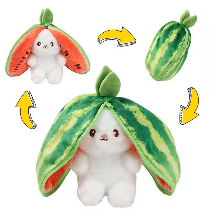 Reversible Rabbit Soft Plush Toy for Baby Girls – Green Watermelon Bunny Teddy with Zipper