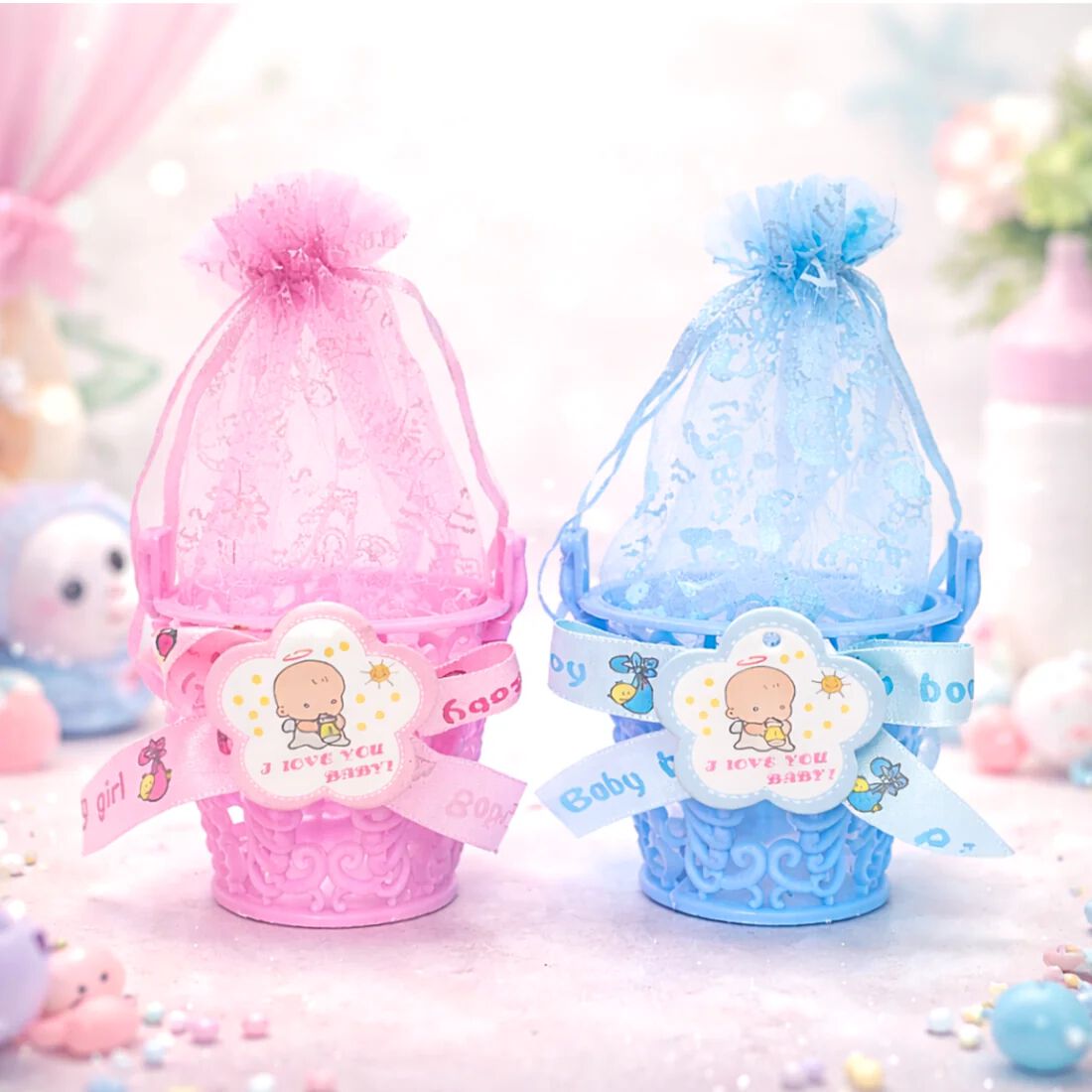 {12 Pcs} Mini Basket Baby Shower Favor Candy Bag {Pink and Blue}