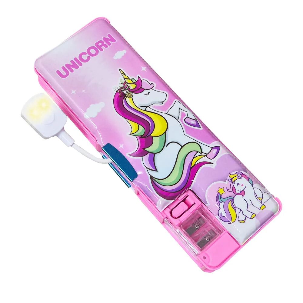 Plastic Pencil Box with LED Light| Compartments and Dual Sharpener, Magnetic Lock