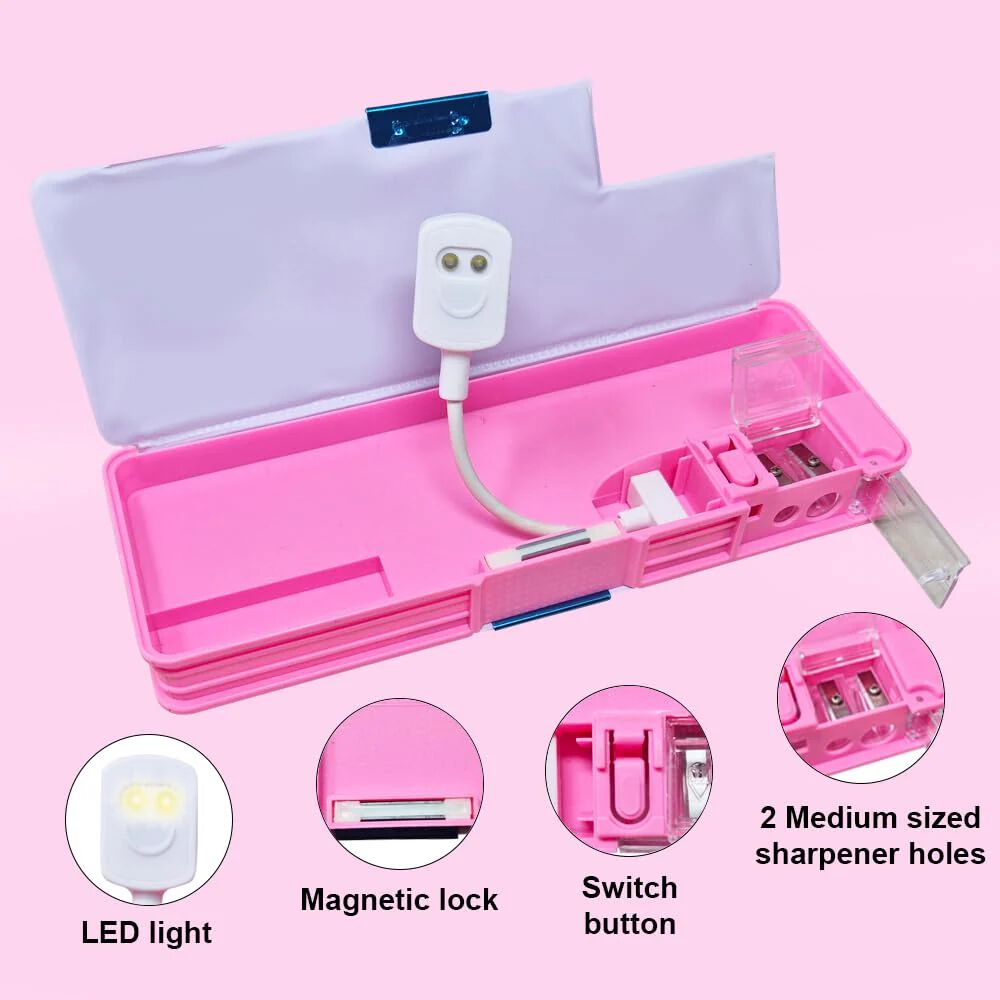 Plastic Pencil Box with LED Light| Compartments and Dual Sharpener, Magnetic Lock