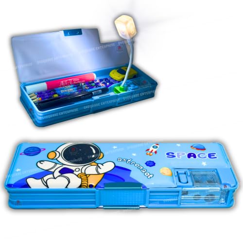 Plastic Pencil Box with LED Light| Compartments and Dual Sharpener, Magnetic Lock