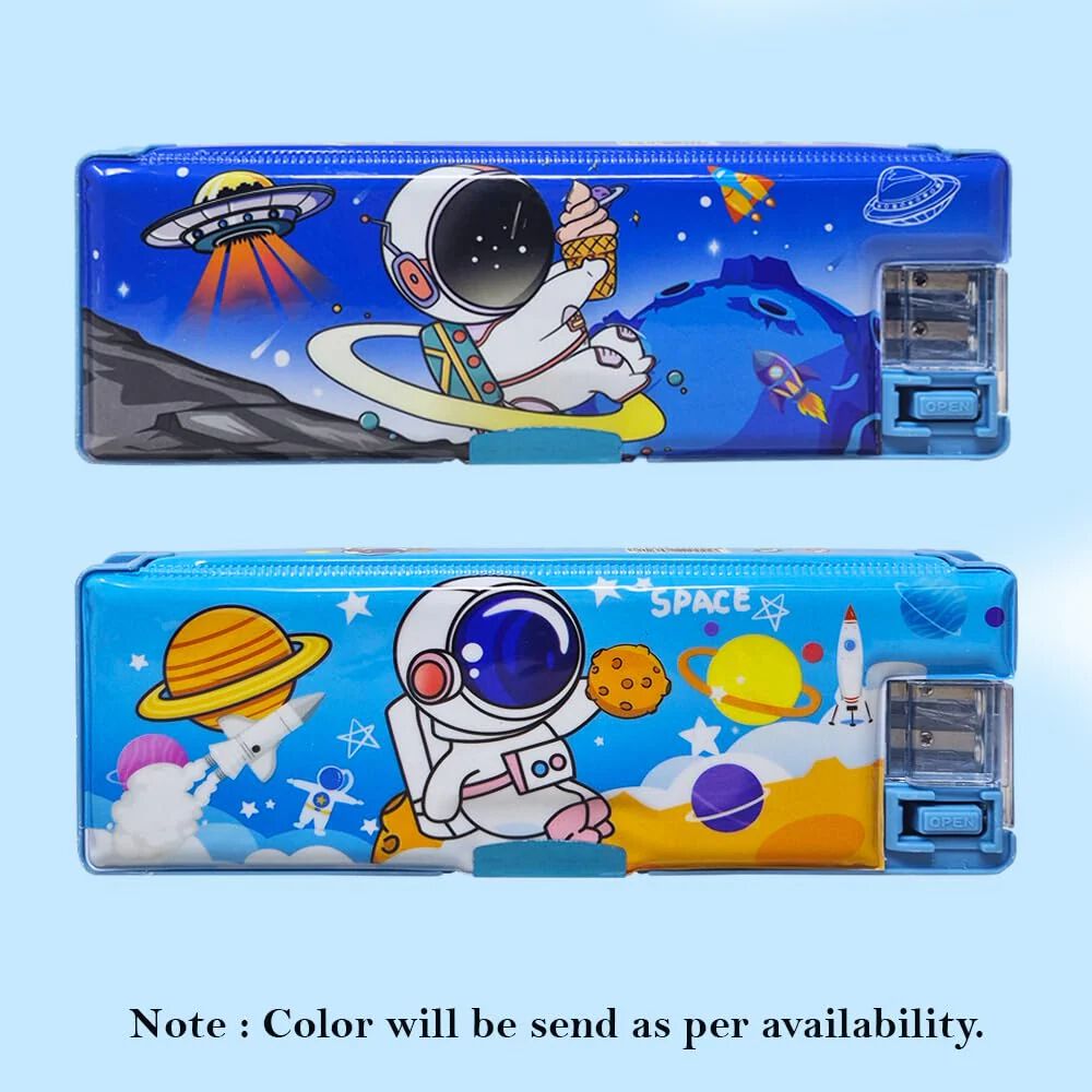 Plastic Pencil Box with LED Light| Compartments and Dual Sharpener, Magnetic Lock