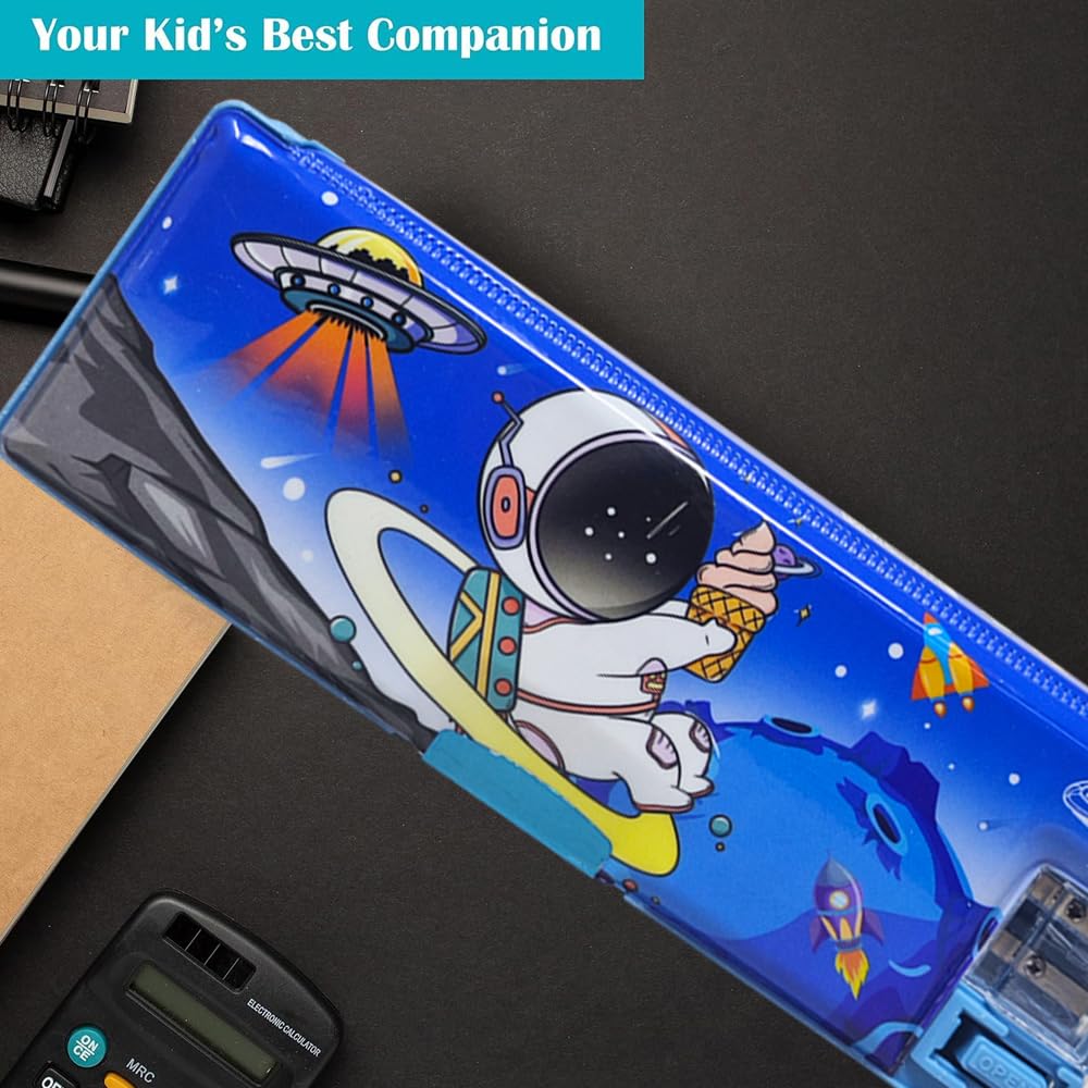 Plastic Pencil Box with LED Light| Compartments and Dual Sharpener, Magnetic Lock