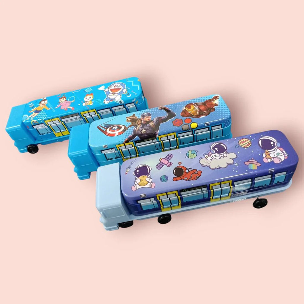 Bus Pencil Box Blue School Bus Pencil Case for Kids, Pencil Box