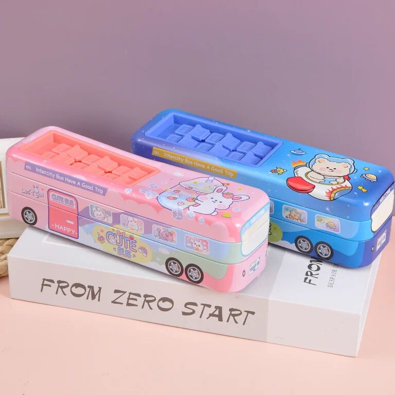 Double-Decker Bus With Moving Tyers And Openable seats pencil box Toy Geometry Box