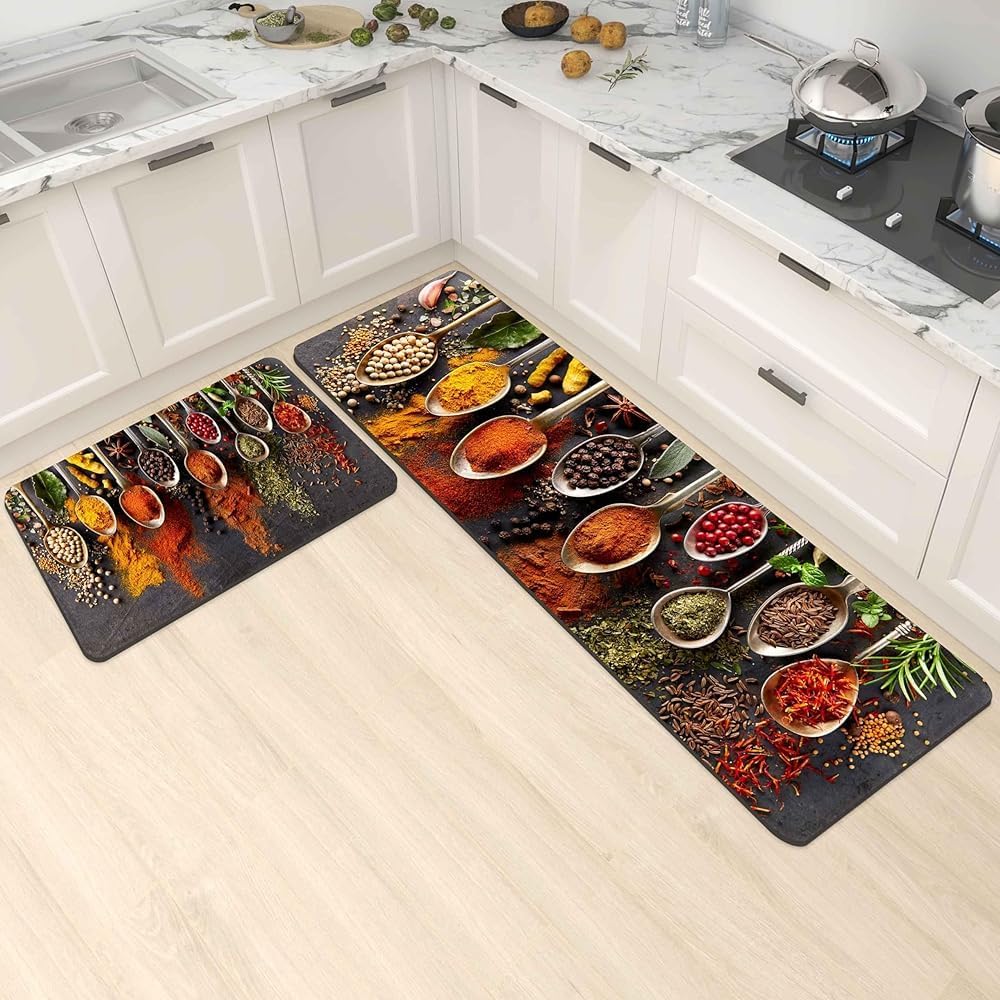 Spice Cooking Kitchen Rugs Set of 2 Anti-Fatigue 0.4 Inches Thick Spices Colorful Kitchen Floor Mats Washable Rug Comfort Standing Waterproof Non Slip Mat for Kitchen Sink (17.3" x 28" + 17.3" x 47")