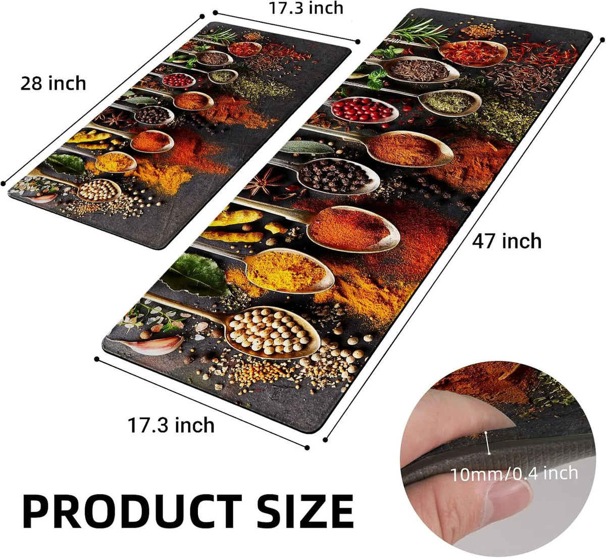 Spice Cooking Kitchen Rugs Set of 2 Anti-Fatigue 0.4 Inches Thick Spices Colorful Kitchen Floor Mats Washable Rug Comfort Standing Waterproof Non Slip Mat for Kitchen Sink (17.3" x 28" + 17.3" x 47")