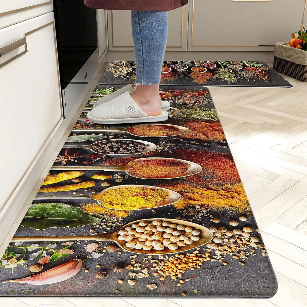 Spice Cooking Kitchen Rugs Set of 2 Anti-Fatigue 0.4 Inches Thick Spices Colorful Kitchen Floor Mats Washable Rug Comfort Standing Waterproof Non Slip Mat for Kitchen Sink (17.3" x 28" + 17.3" x 47")