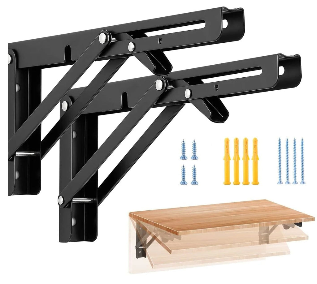 Sturdy Folding Shelf Brackets - Heavy Duty Black Metal Triangle Table Bench Folding Shelf Bracket 20 CM, 2 Pcs Folding