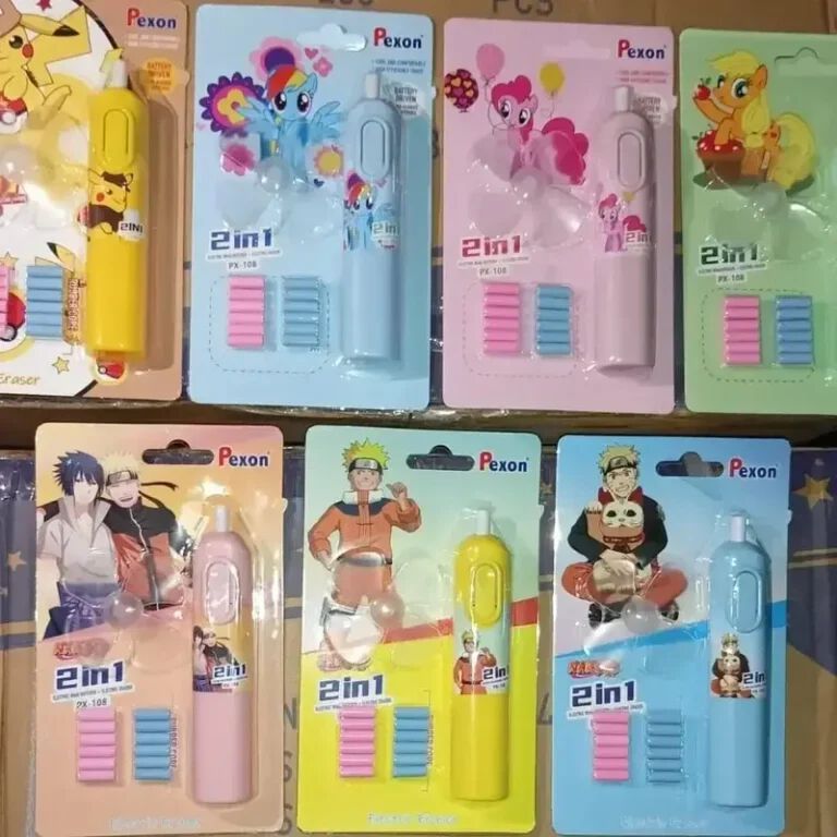 Cute Cartoon Print Electric Pencil Erasers with Fan and 12 Refills Set for Kids