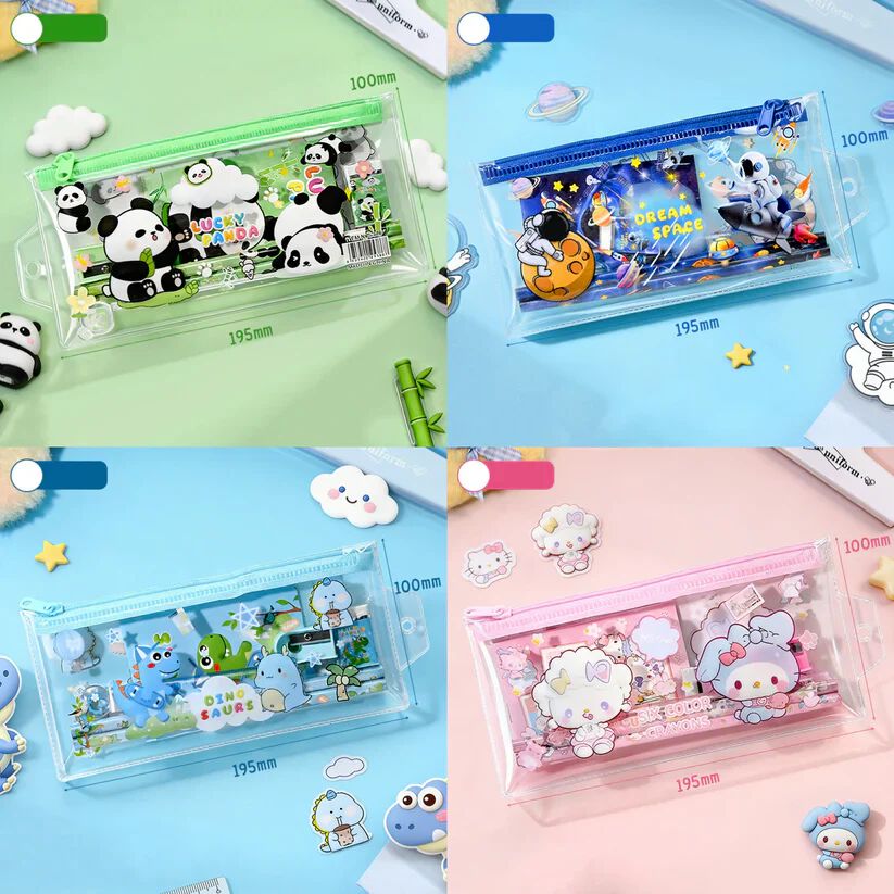 6-Piece Cute Kids Stationery Set with Clear Zipper Pouch