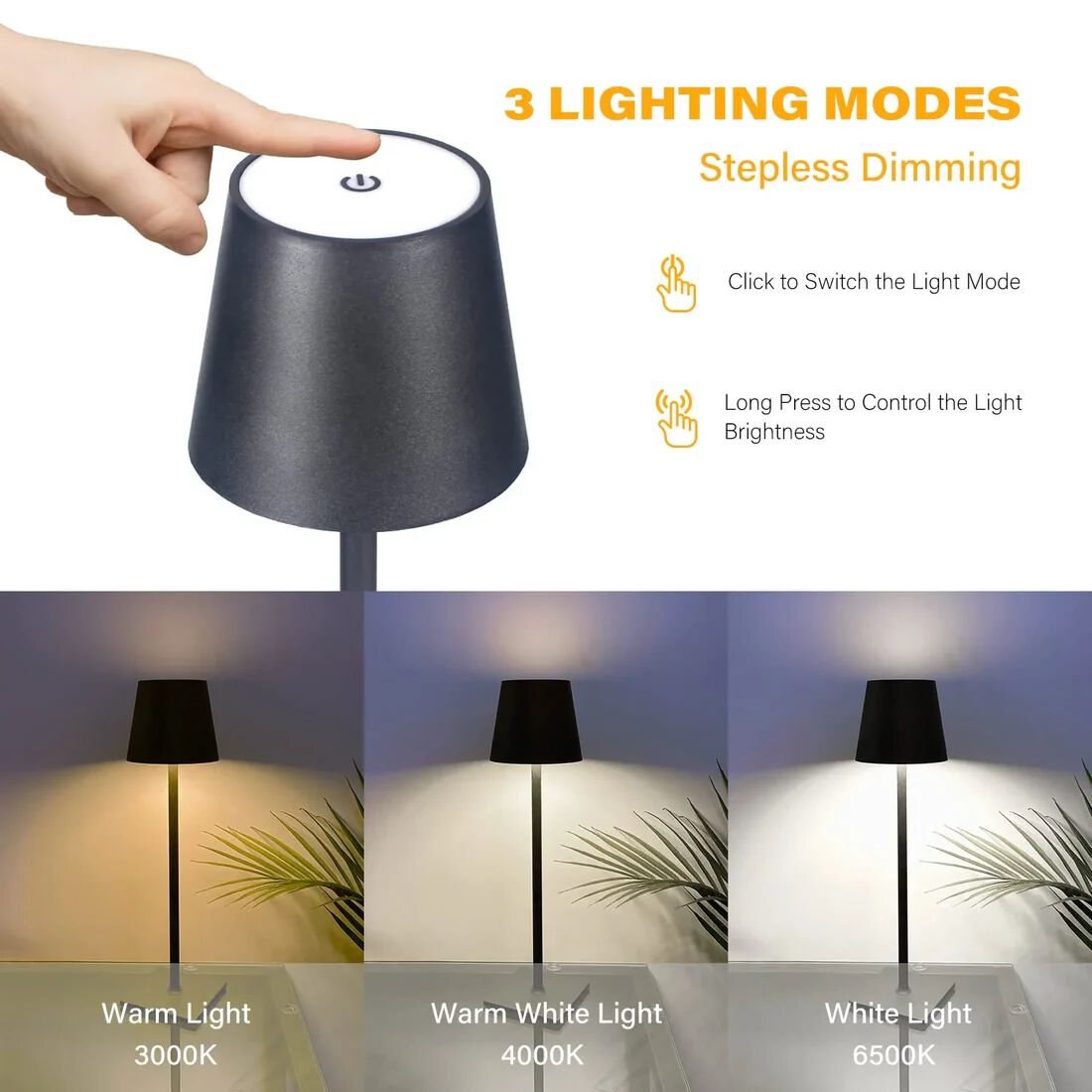 Cordless Table Lamps, 3 Colors Stepless Dimming, 5000mAh Rechargeable Battery LED Desk Lamp