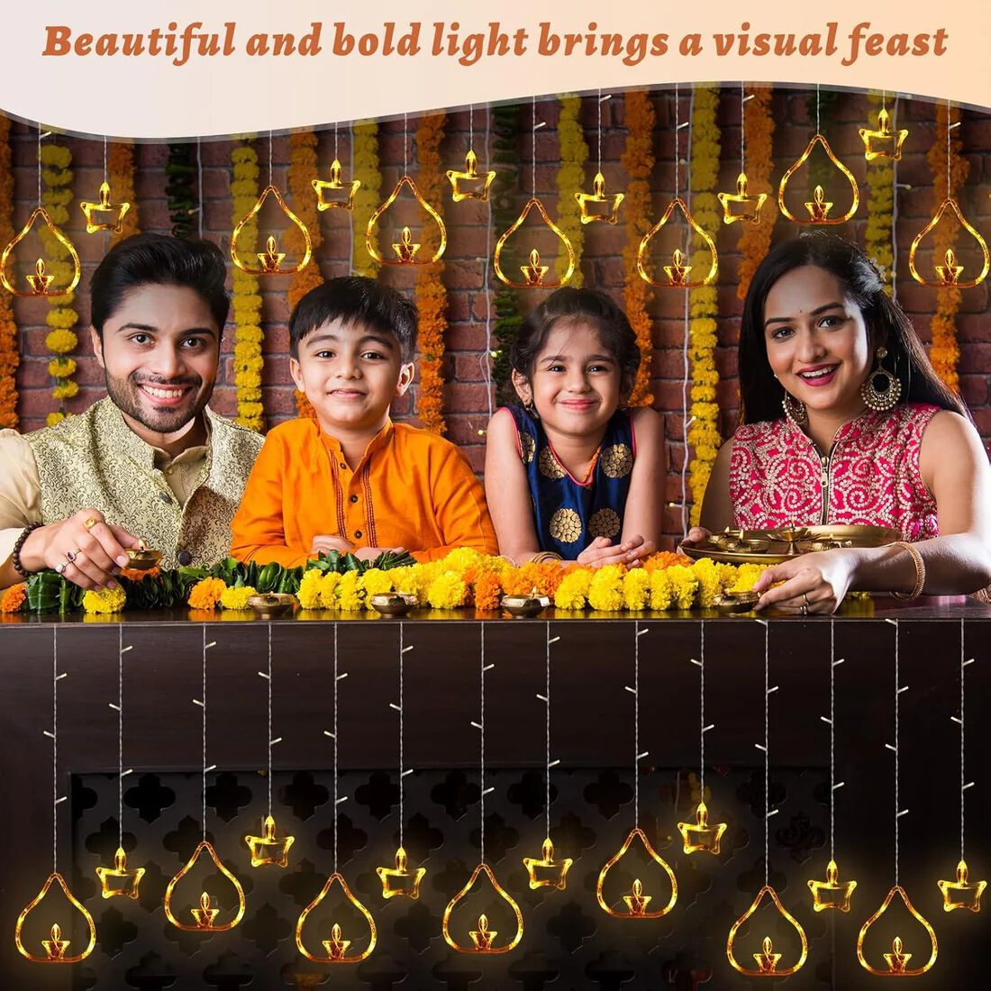 Diya Lights Diwali String Curtain Lights – Warm White Indoor & Outdoor Lights