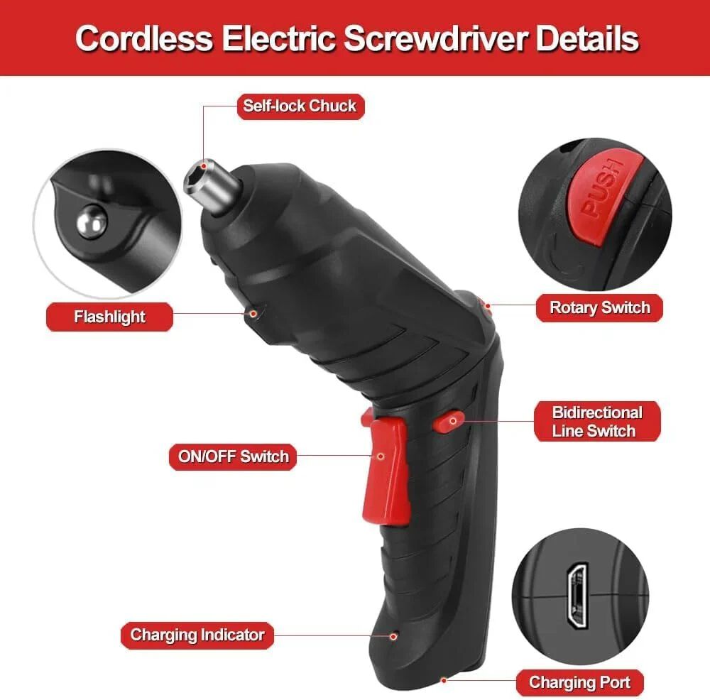 Electric Drill Bit 3.6V, Rechargeable Electric Screwdriver Set of 47 Pieces, Rotatable Handle (90°-180°)