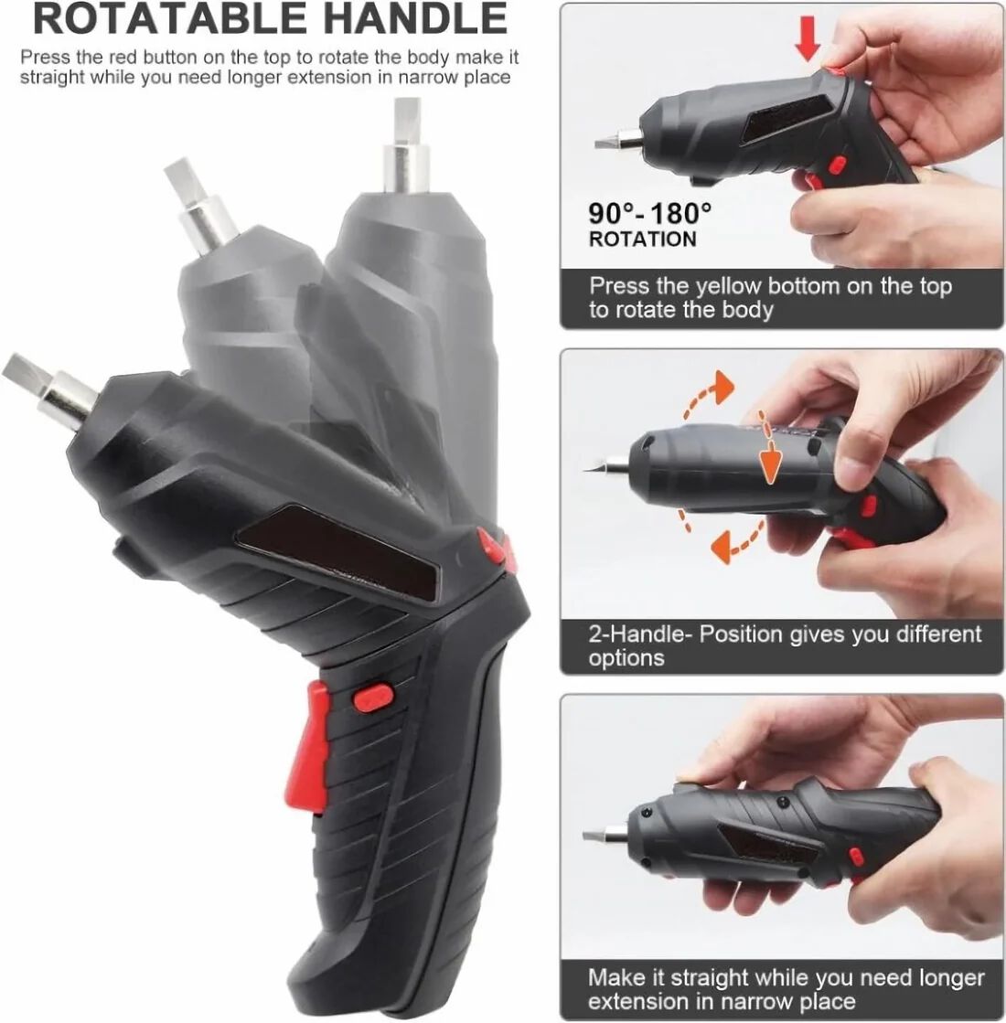 Electric Drill Bit 3.6V, Rechargeable Electric Screwdriver Set of 47 Pieces, Rotatable Handle (90°-180°)
