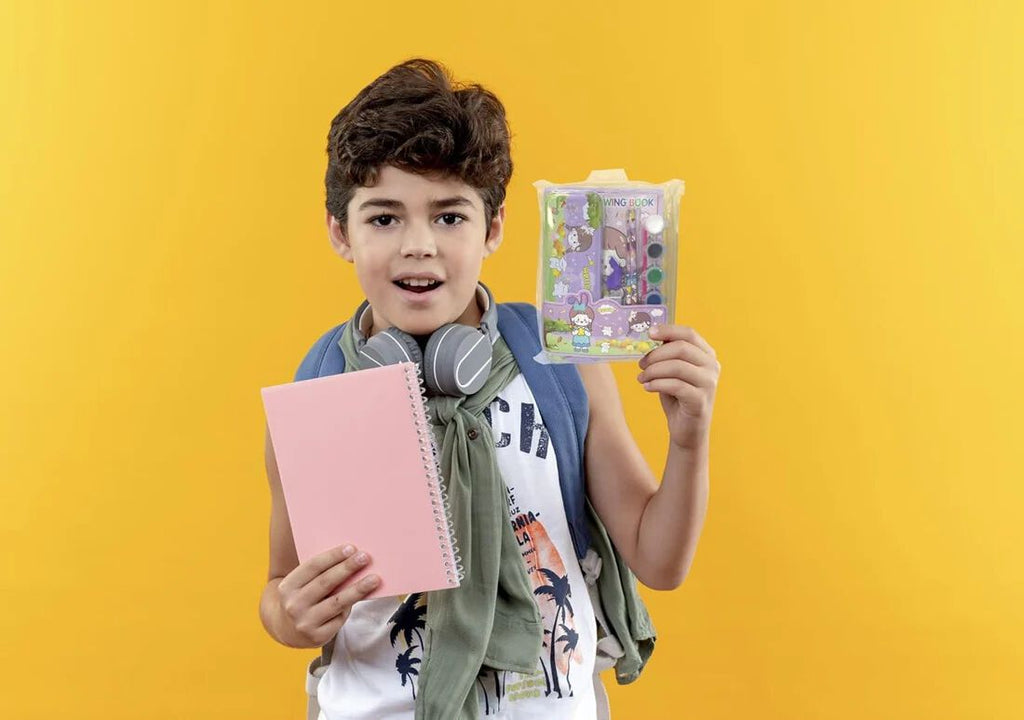 8 In 1 Cartoon Print Stationery Set 1 Compass 2 Pencils 1 Eraser 1 Sharpener 1 Paint Brush 1 Water Color 1 Cap for Kids