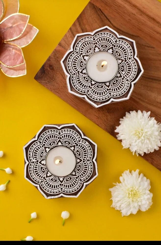 Wooden Hand Carved Tea Light Home Decorative Item Tea Light Candle