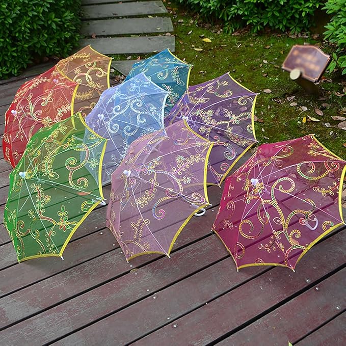 Sequin Decor Gold Tone Edge Floral Pattern Mini Lace Parasol Umbrella for Party Decoration