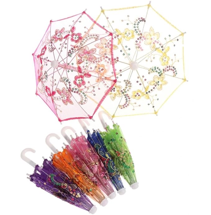 Sequin Decor Gold Tone Edge Floral Pattern Mini Lace Parasol Umbrella for Party Decoration