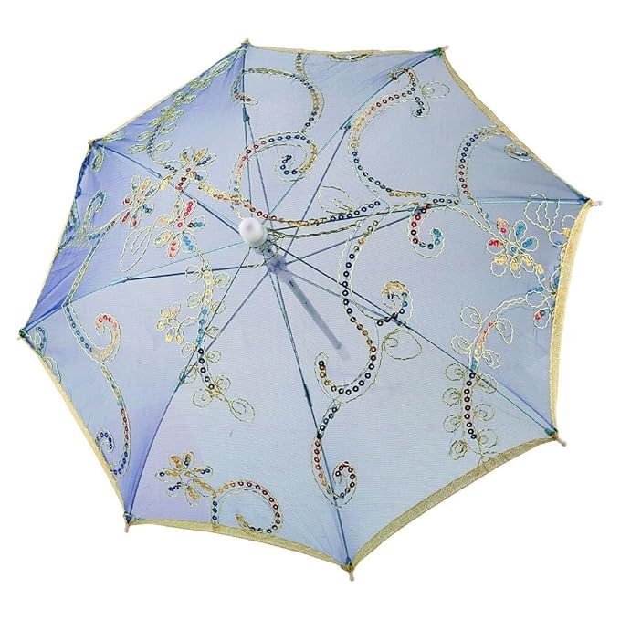 Sequin Decor Gold Tone Edge Floral Pattern Mini Lace Parasol Umbrella for Party Decoration
