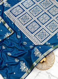 Premium Royal Blue Satin Saree | Handcrafted Paithani-Inspired Floral & Geometric Work | Glossy Designer Border