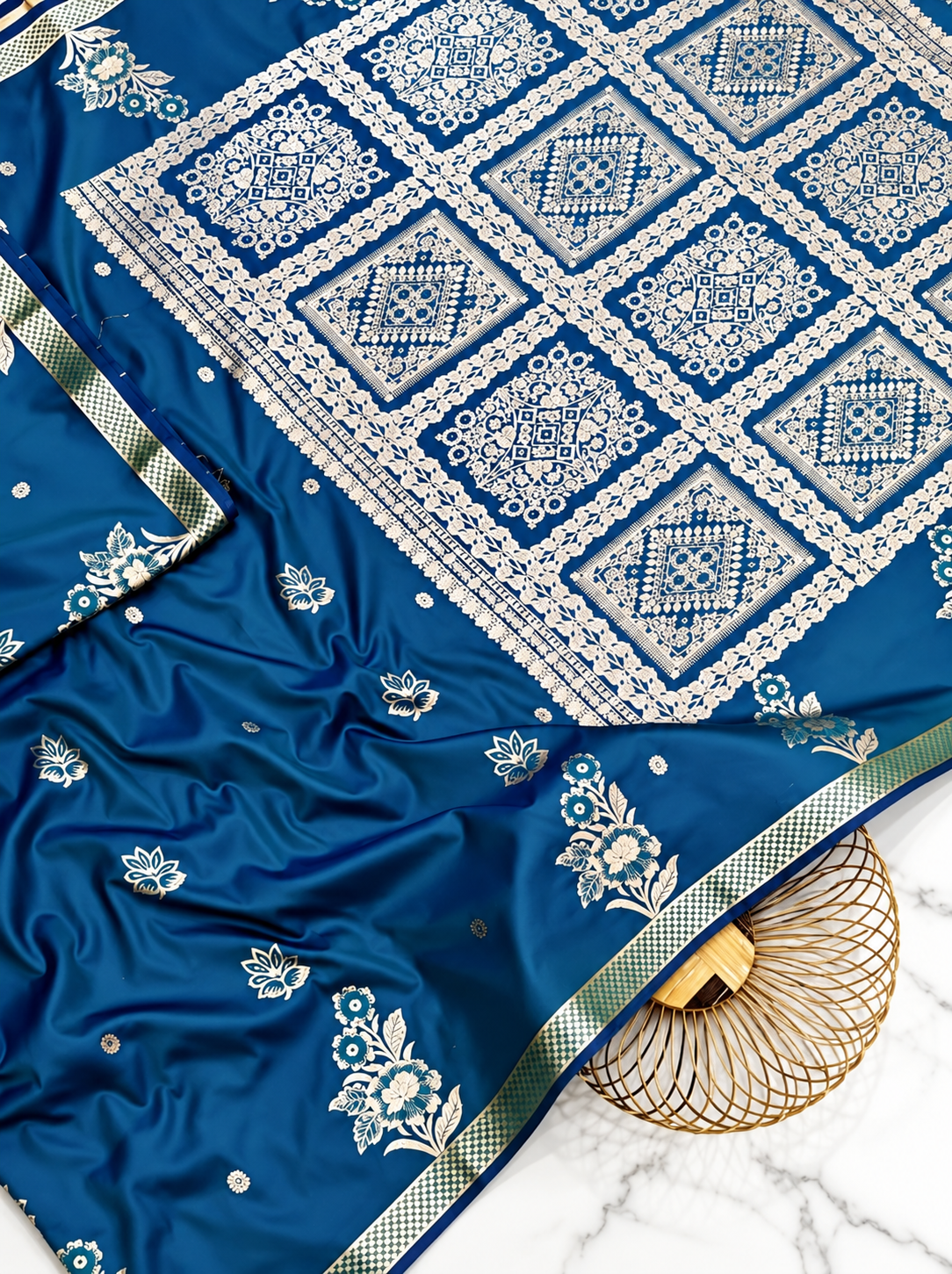 Premium Royal Blue Satin Saree | Handcrafted Paithani-Inspired Floral & Geometric Work | Glossy Designer Border