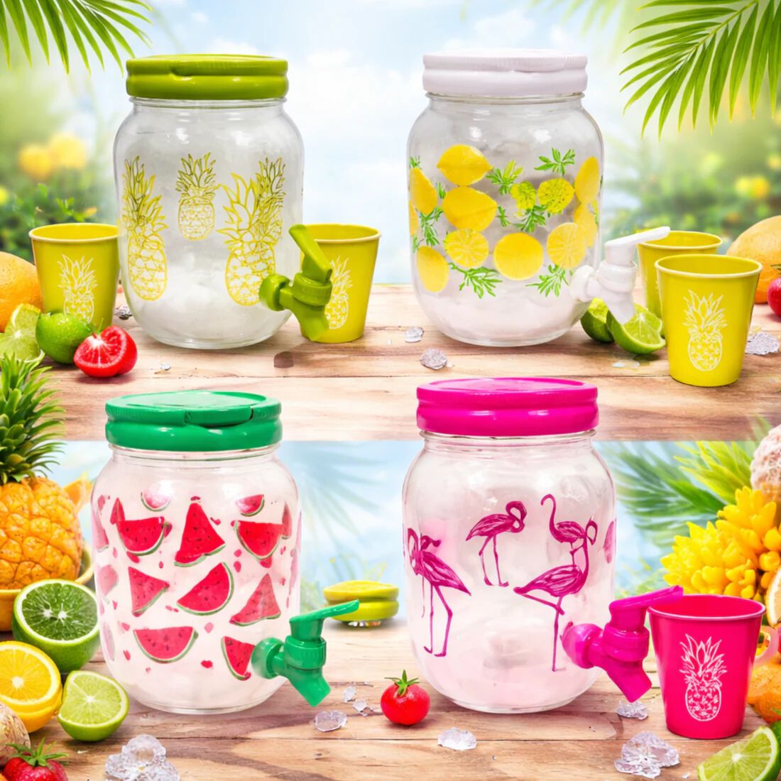 DecorRack Plastic Beverage Dispenser with Spigot and 4 Cups, Spout Jar