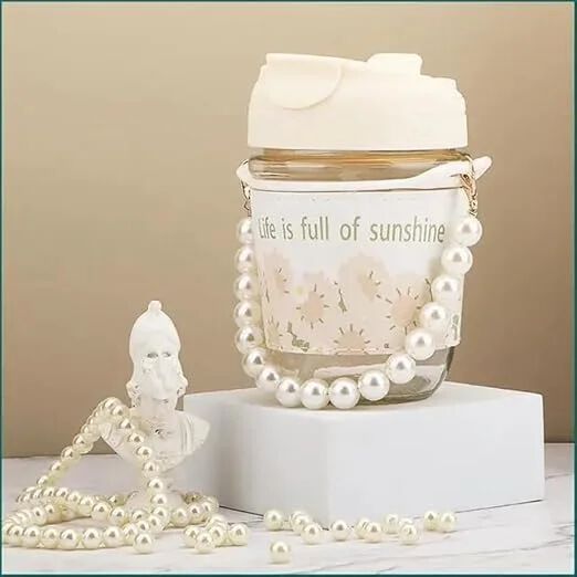 Cute Pearl Cup, with Tote Chain Double Drink Straw for Summer