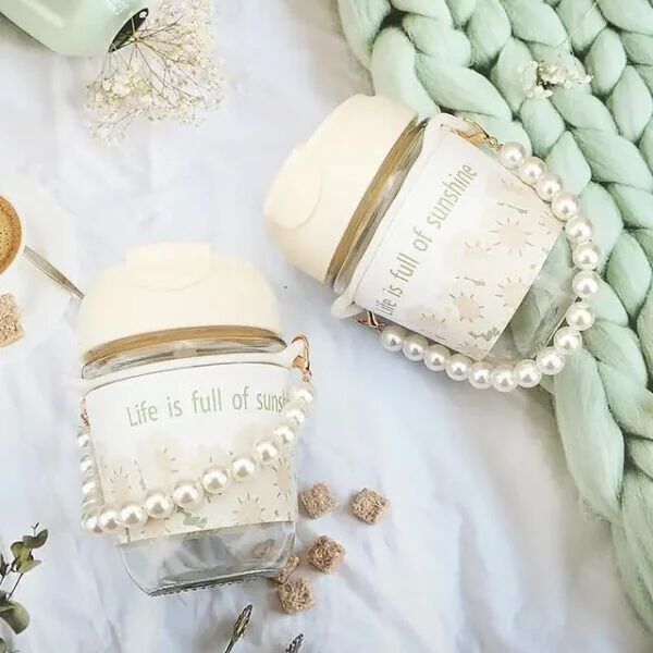 Cute Pearl Cup, with Tote Chain Double Drink Straw for Summer