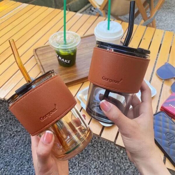 Glass Sipper Tumbler Mug with Straw and Lid Ice Juice Drinks Mug