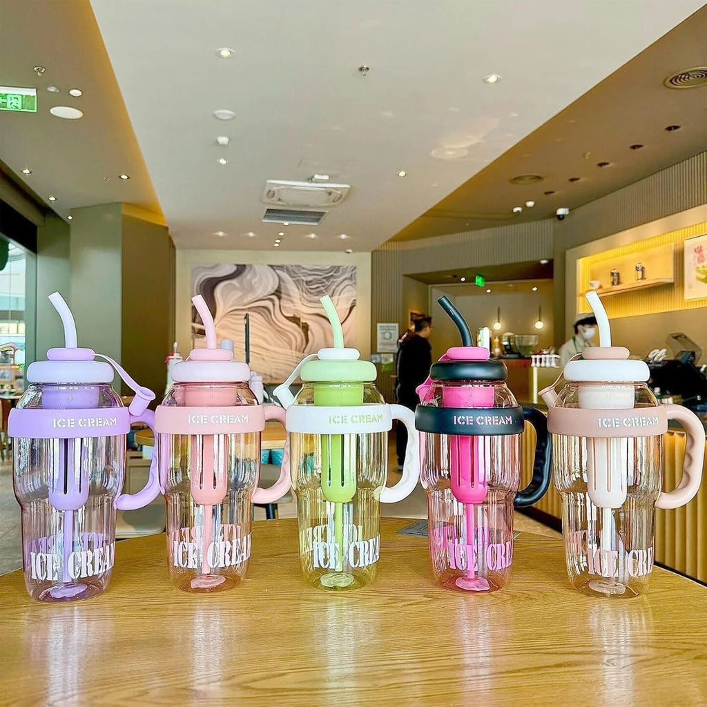 Water Bottle with Straw and Handle Transparent Tumbler Ice Cream Insulated Bottle