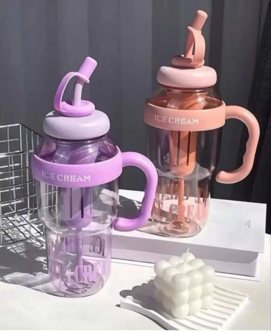 Water Bottle with Straw and Handle Transparent Tumbler Ice Cream Insulated Bottle