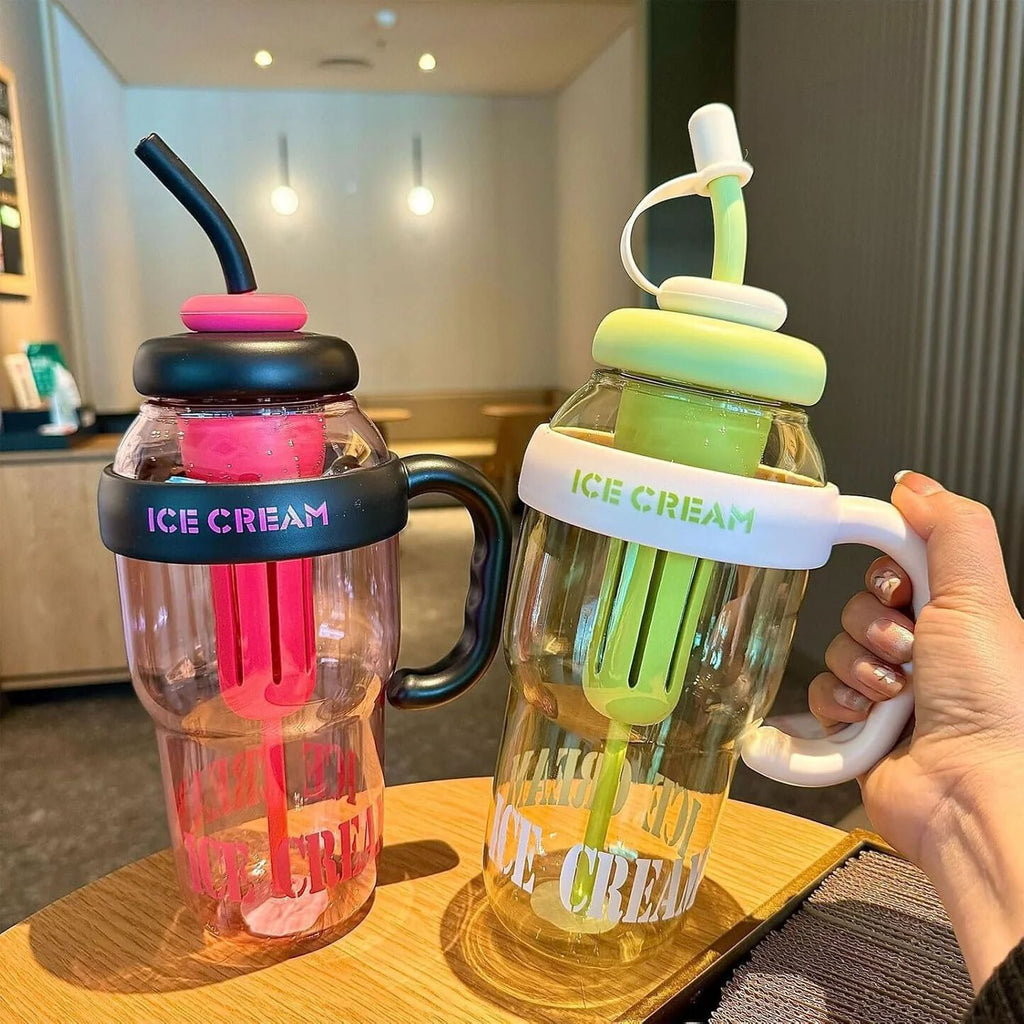 Water Bottle with Straw and Handle Transparent Tumbler Ice Cream Insulated Bottle