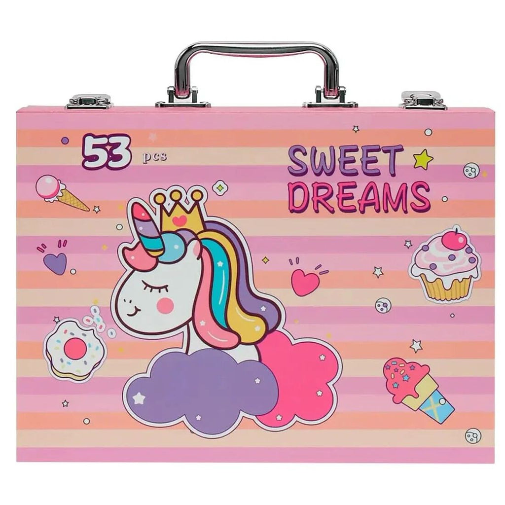 Sweet Dreams Art Set, 53 Pieces, Unicorn Theme, Includes Palette, Powder, Brush, Watercolor Paint, Oil Painting Stick, Eraser, Pencil Sharpener, Color Lead